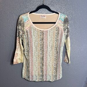 Edista Womens Blouse Top Lace Tattoo Lined y2k Multicolor Cropped Sleeve L Large